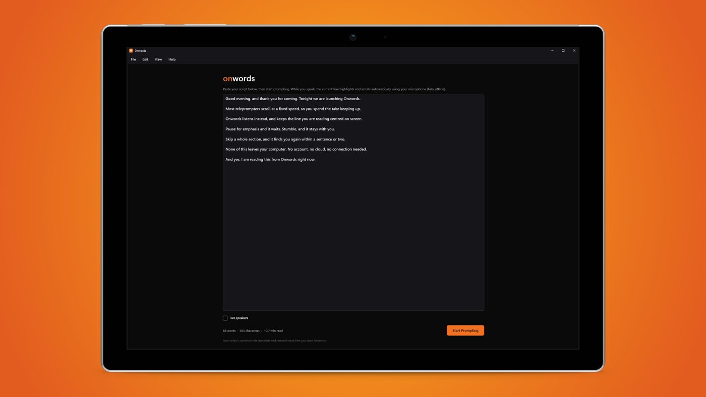 Onwords the editor, shown on a Windows tablet against an orange background.